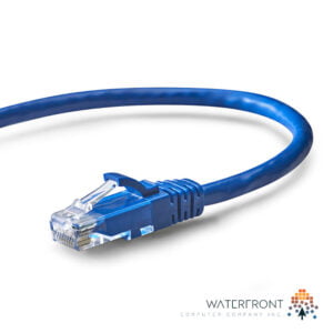 Blue CAT 6 cable with molded snag-free boot over connector lock