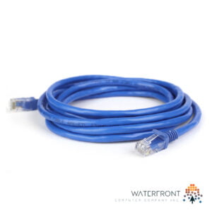 Blue CAT 6 cable with molded snag-free boot over connector lock