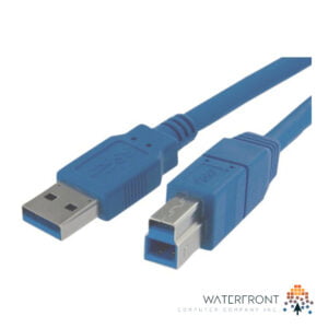 Close up of connectors on a Blue USB 3.0 Cable, Type A male to type-B male.